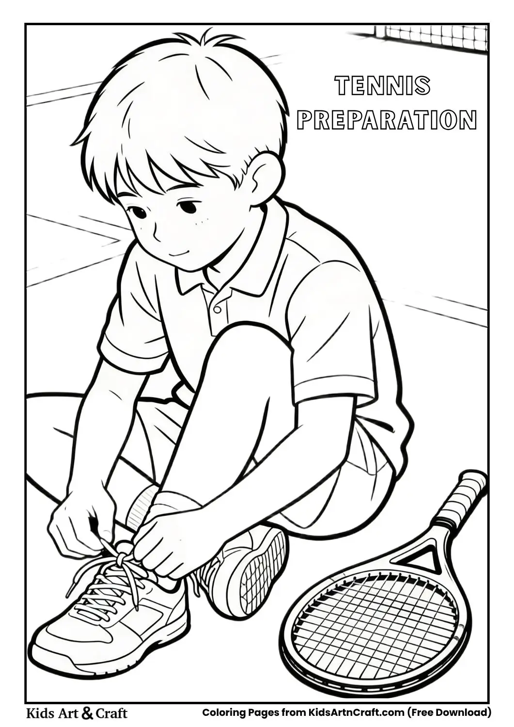 kid tying shoelaces with tennis racket coloring page