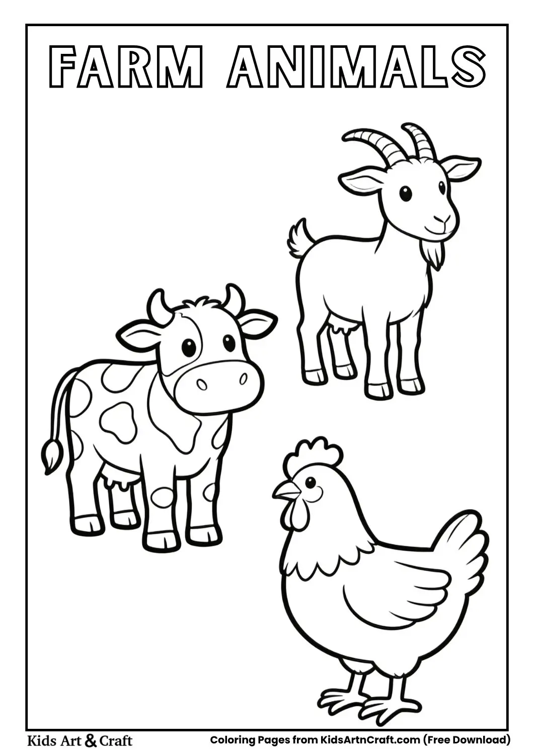 cow goat hen coloring page simple cartoon animals