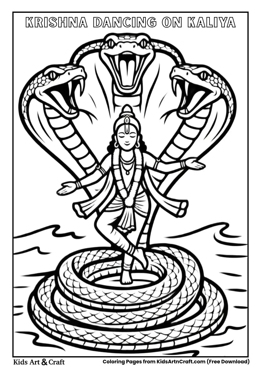 krishna dancing on snake coloring page for kids
