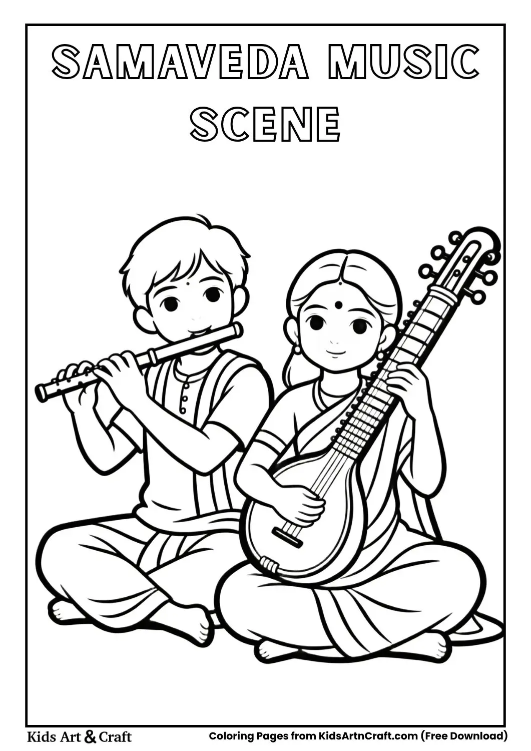 kids playing flute veena music coloring page black and white