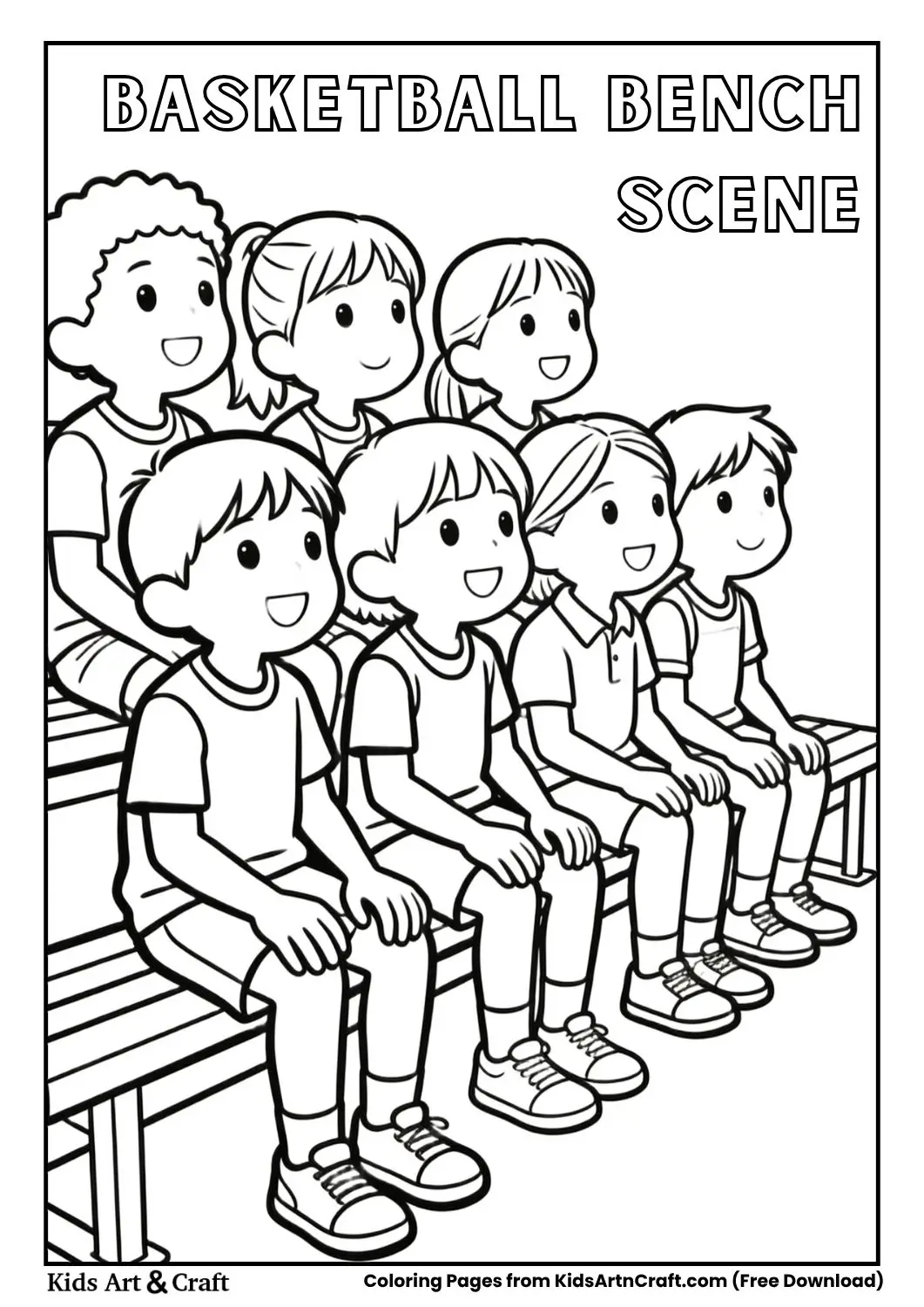 Kids sitting on bench watching game coloring page