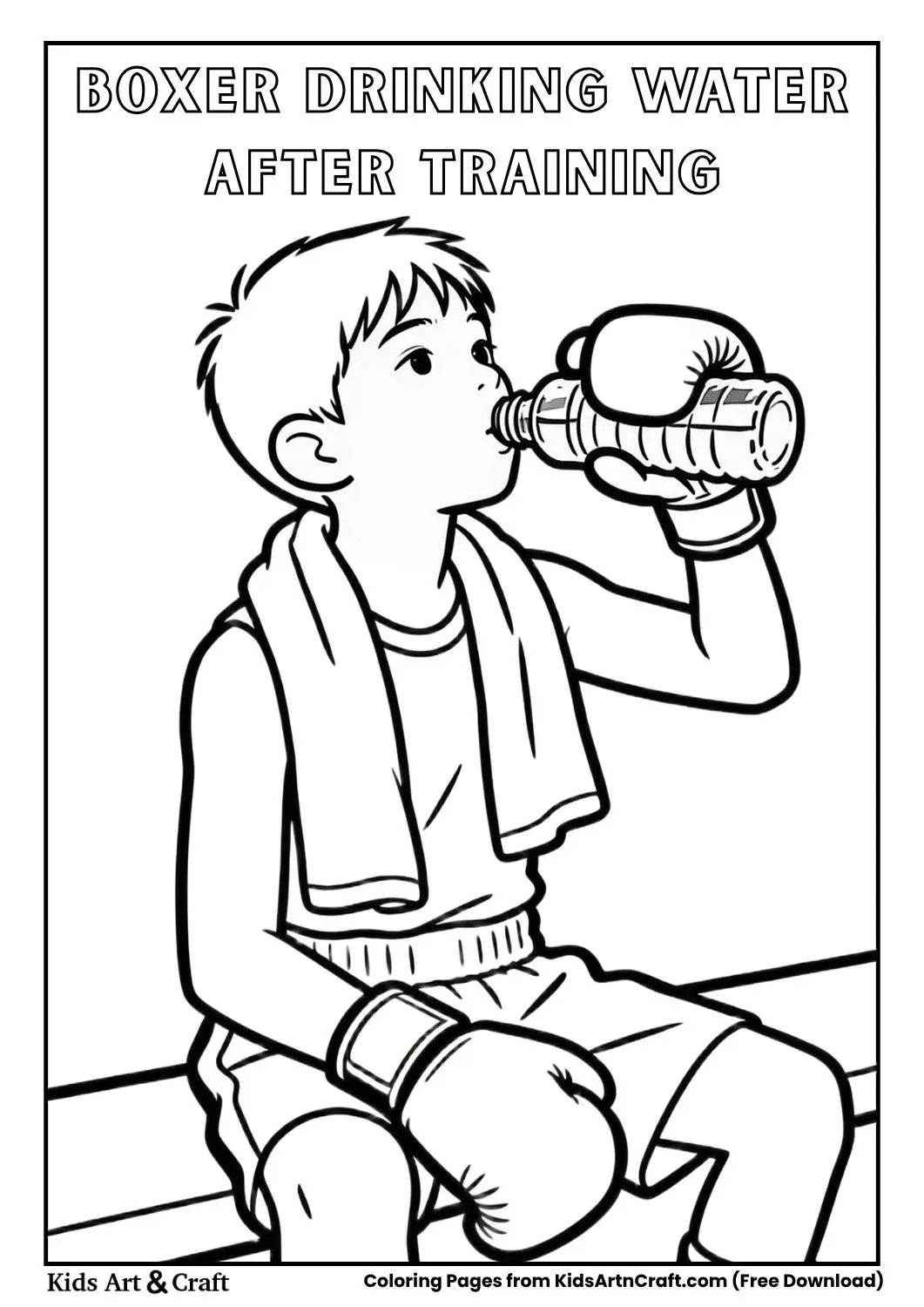 kid boxer drinking water coloring page