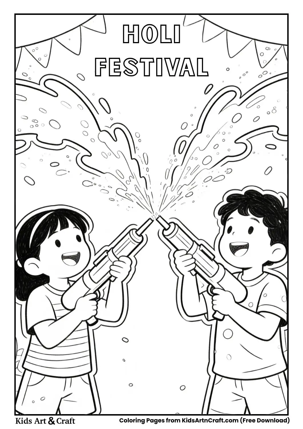 kids playing holi with pichkari coloring page