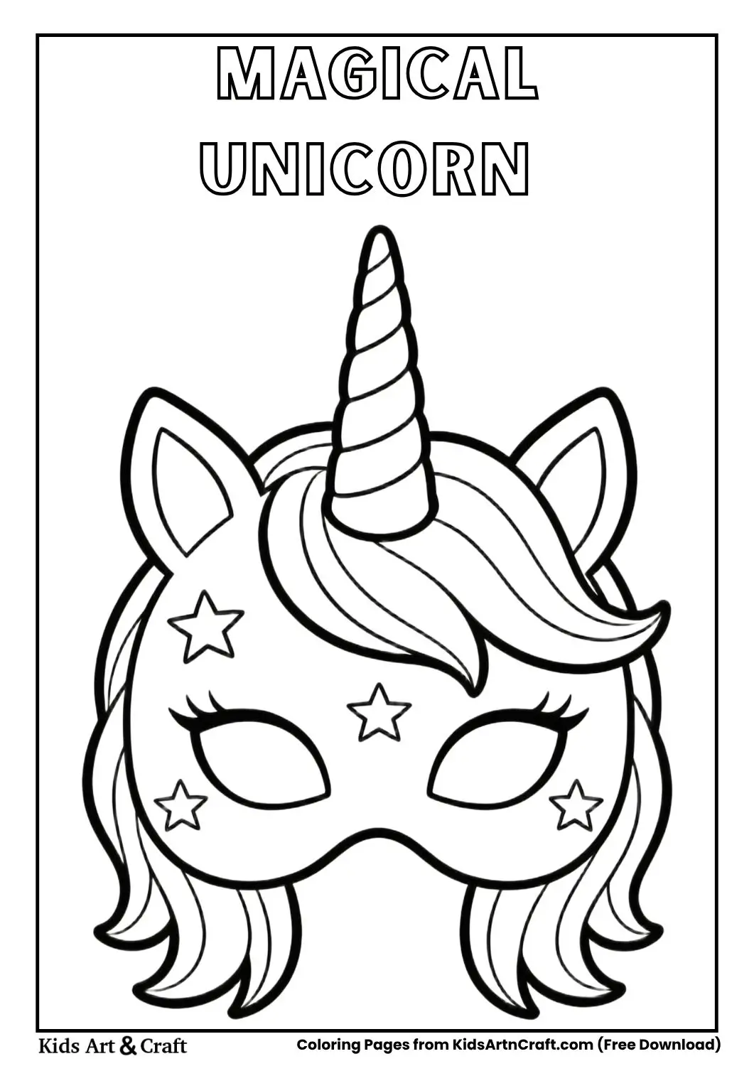 Unicorn mask coloring page with horn black and white printable