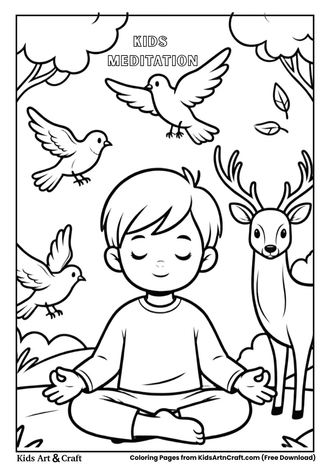child meditating with animals coloring page