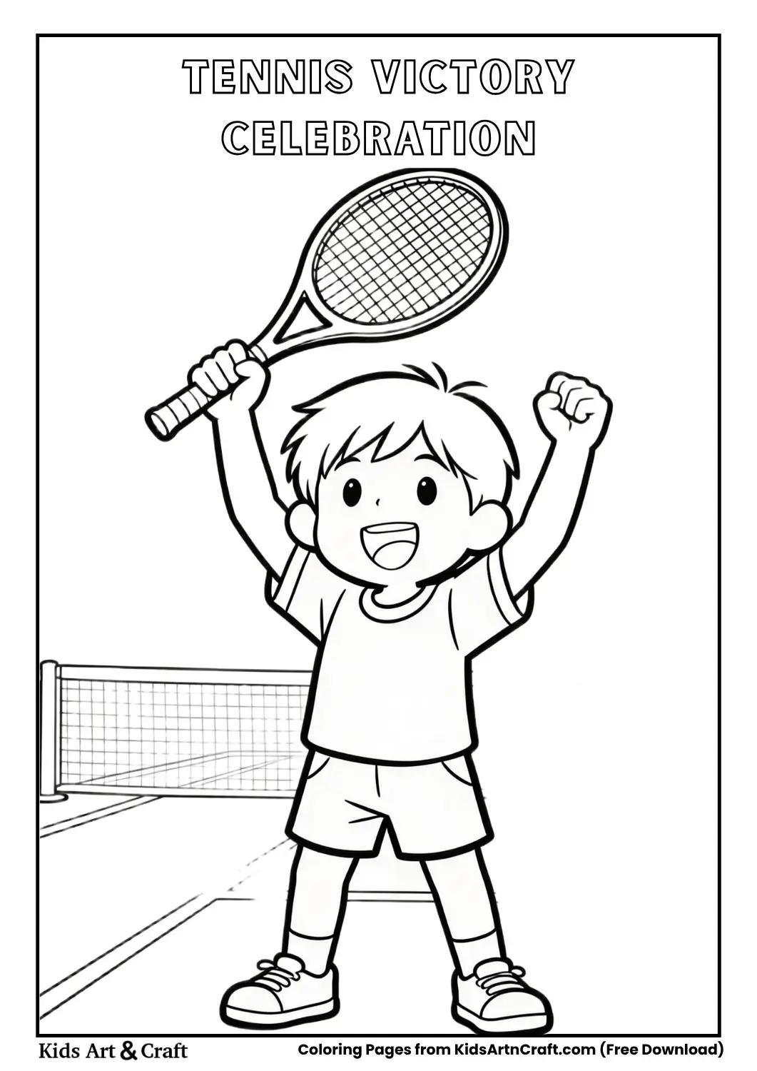 kid celebrating tennis win coloring page