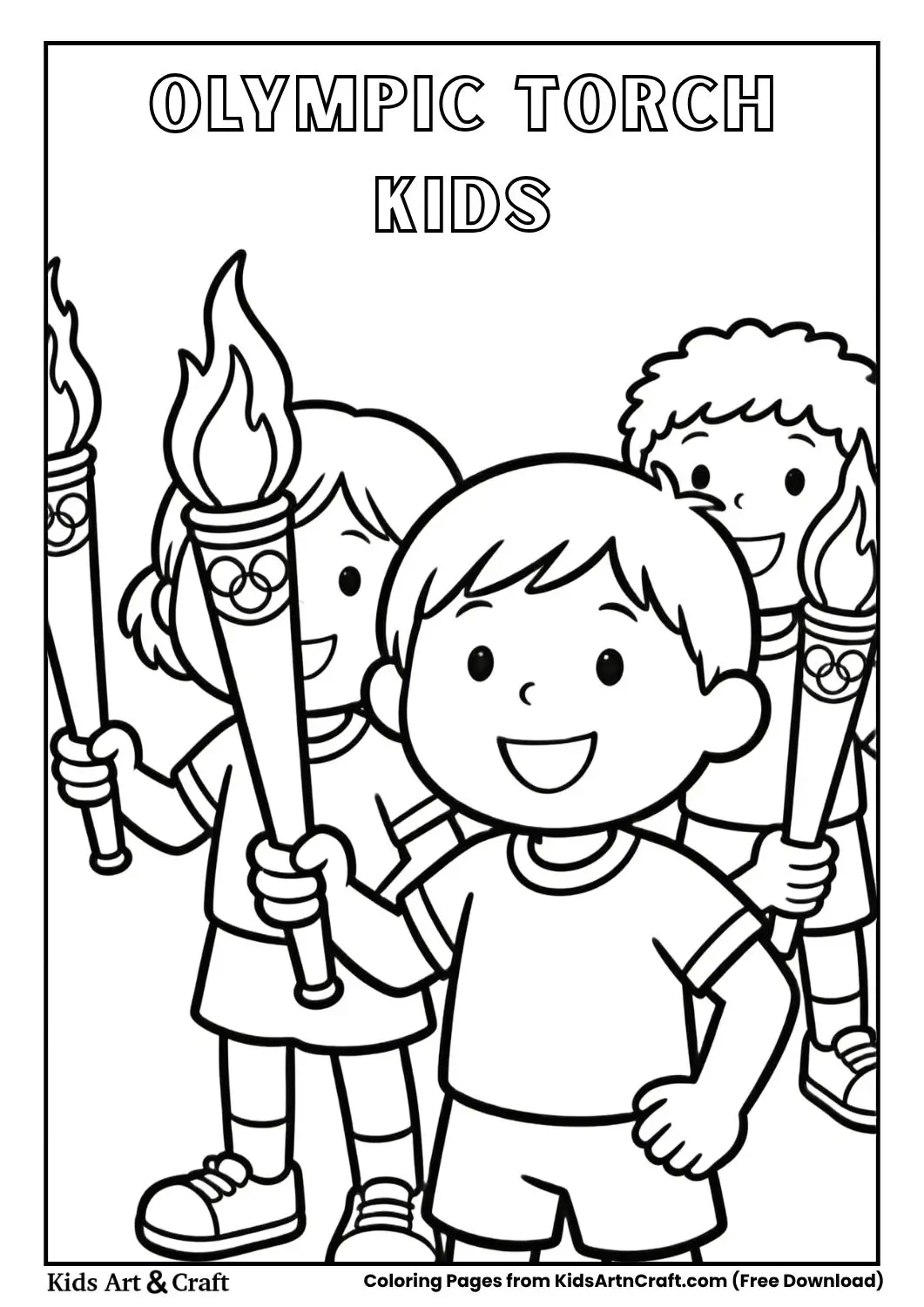 Kids holding Olympic torch coloring page