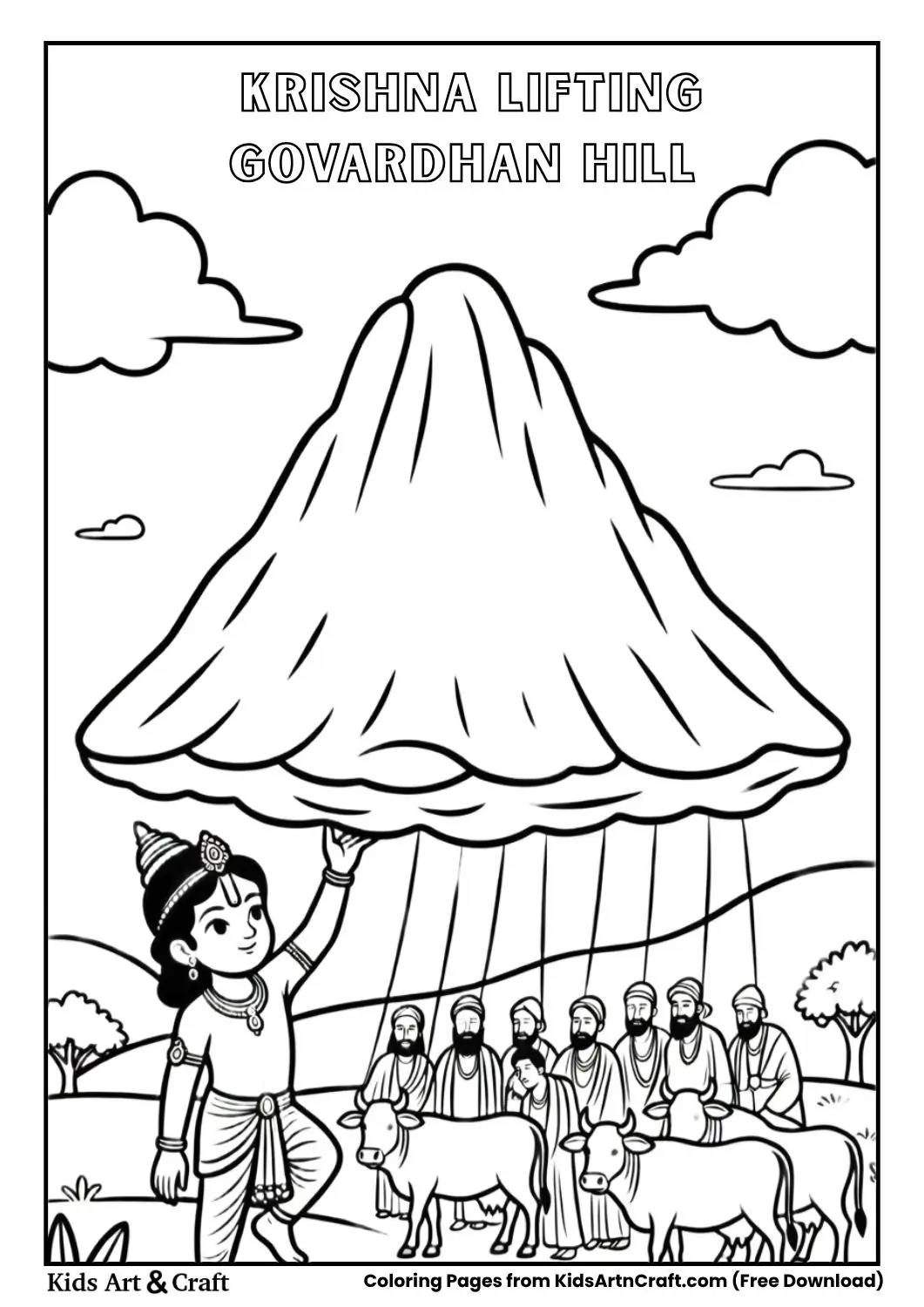 krishna lifting govardhan hill coloring page printable for kids