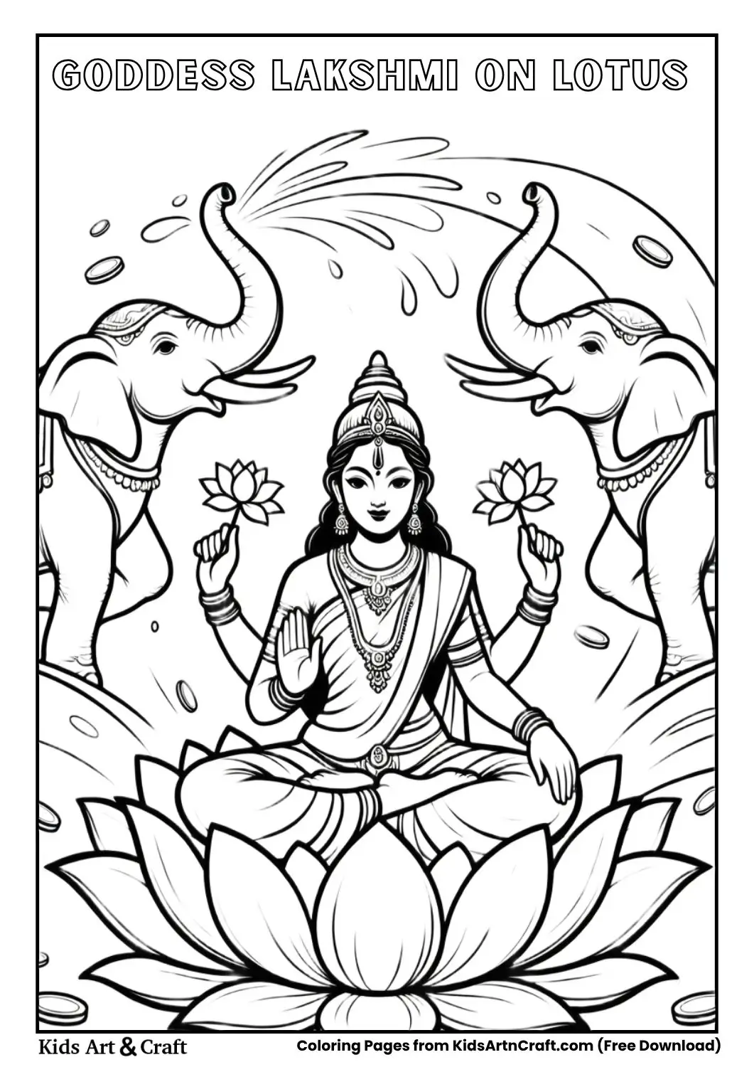 lakshmi sitting on lotus coloring page printable