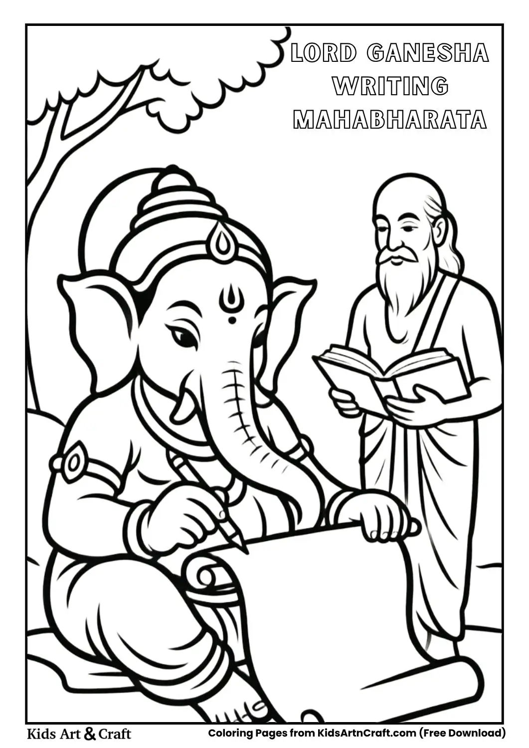 ganesha writing mahabharata with tusk coloring page for kids