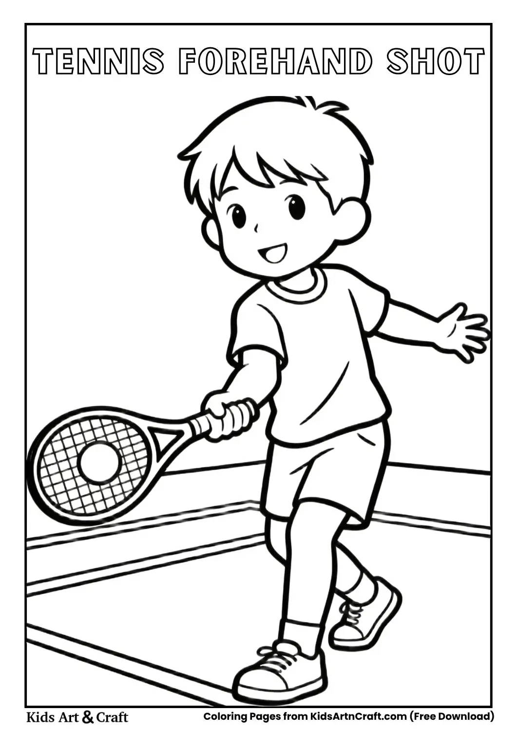 kid hitting tennis forehand shot coloring page