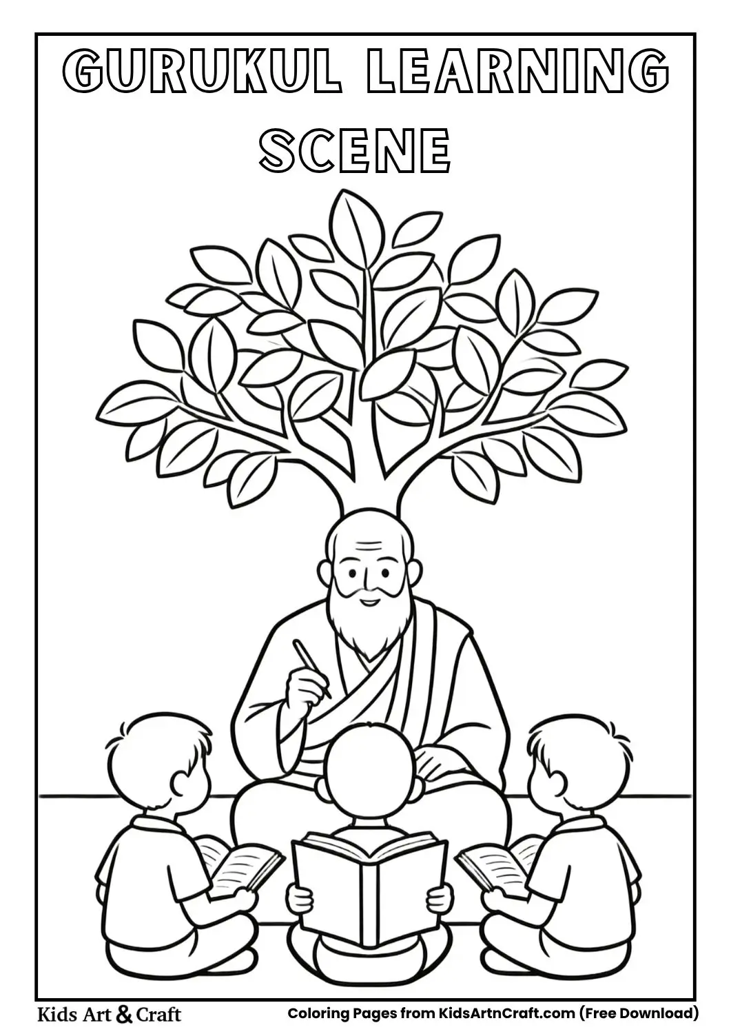 guru teaching students under tree coloring page black and white