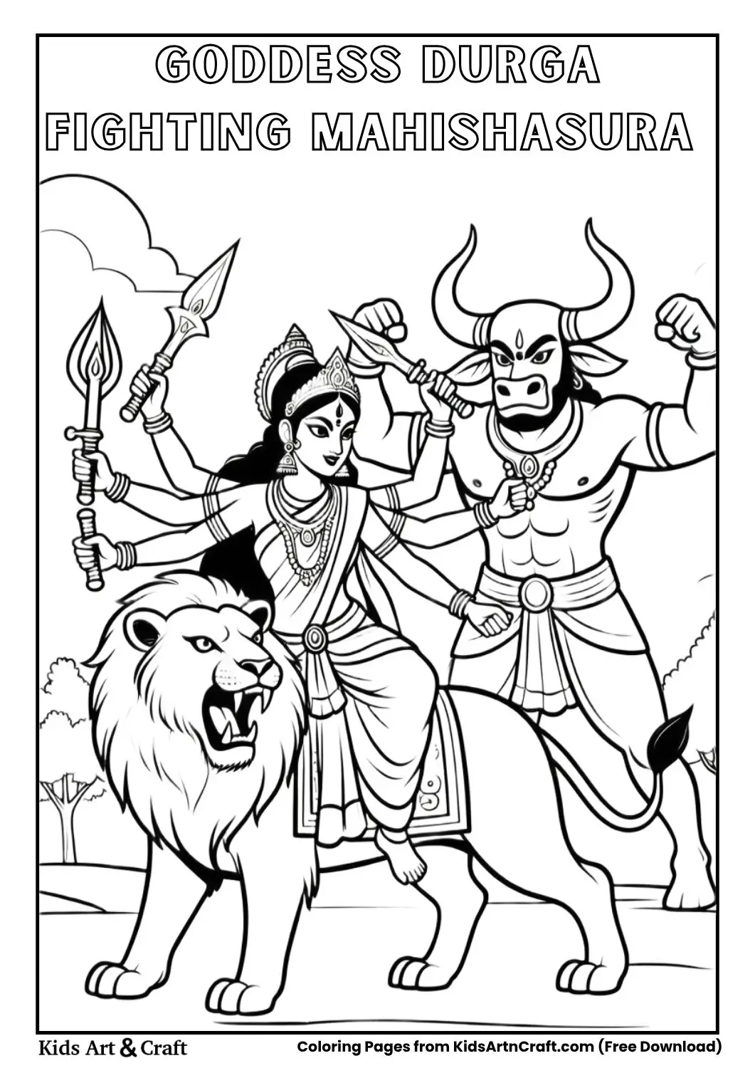 durga riding lion fighting demon coloring page for kids
