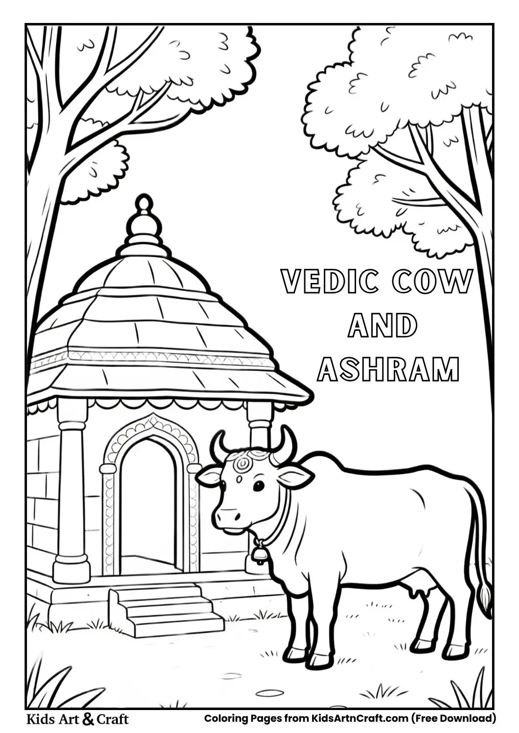 cow near ashram hut nature coloring page black and white