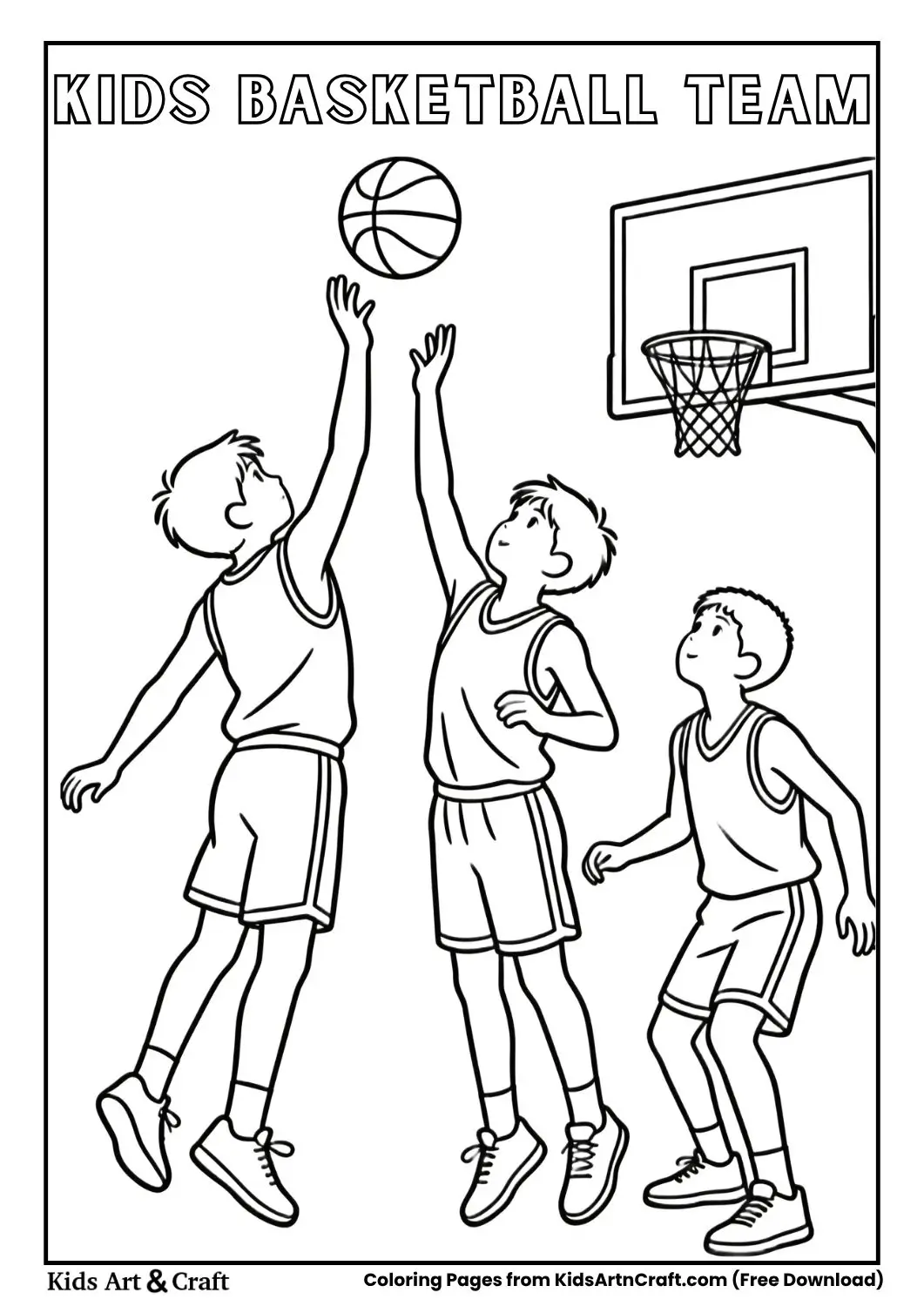 Kids team playing basketball coloring page