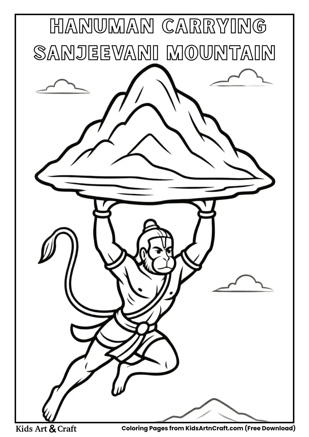 hanuman flying with mountain coloring page printable