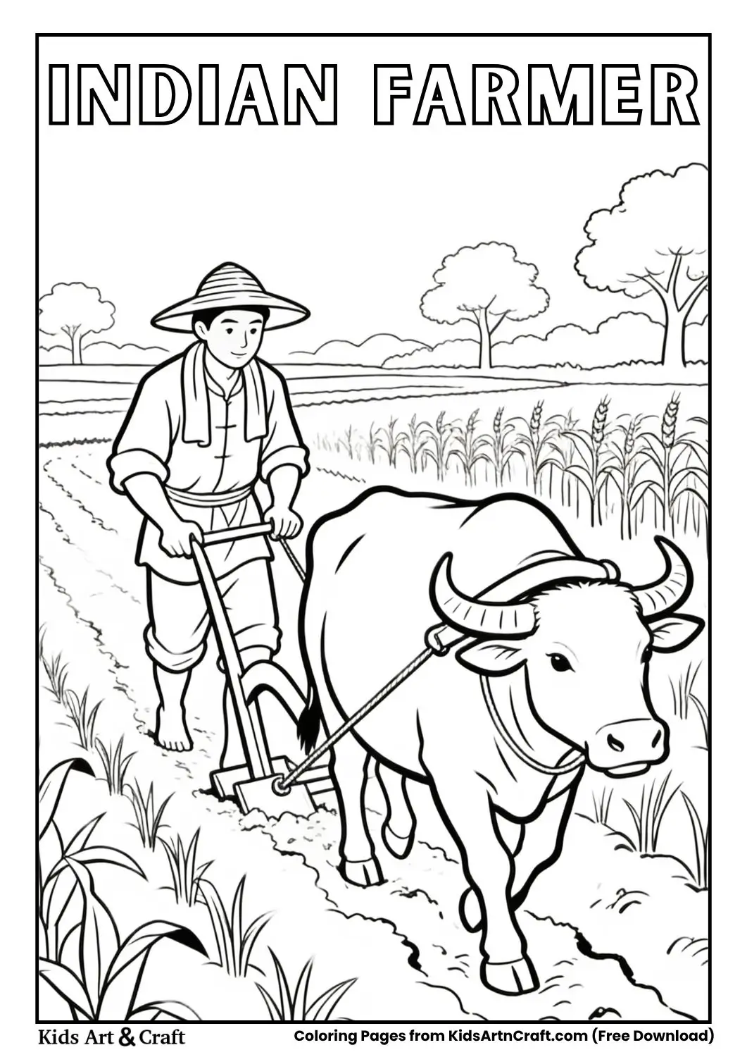 farmer plowing field with ox coloring page