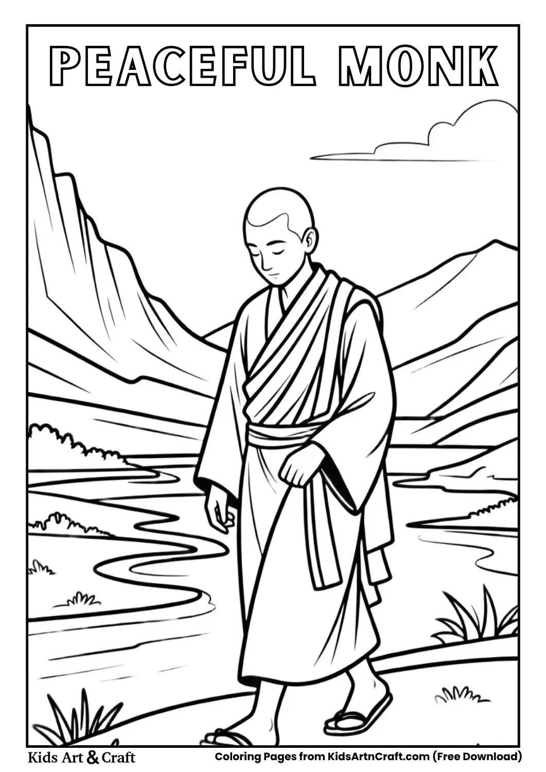 monk walking in nature simple coloring page