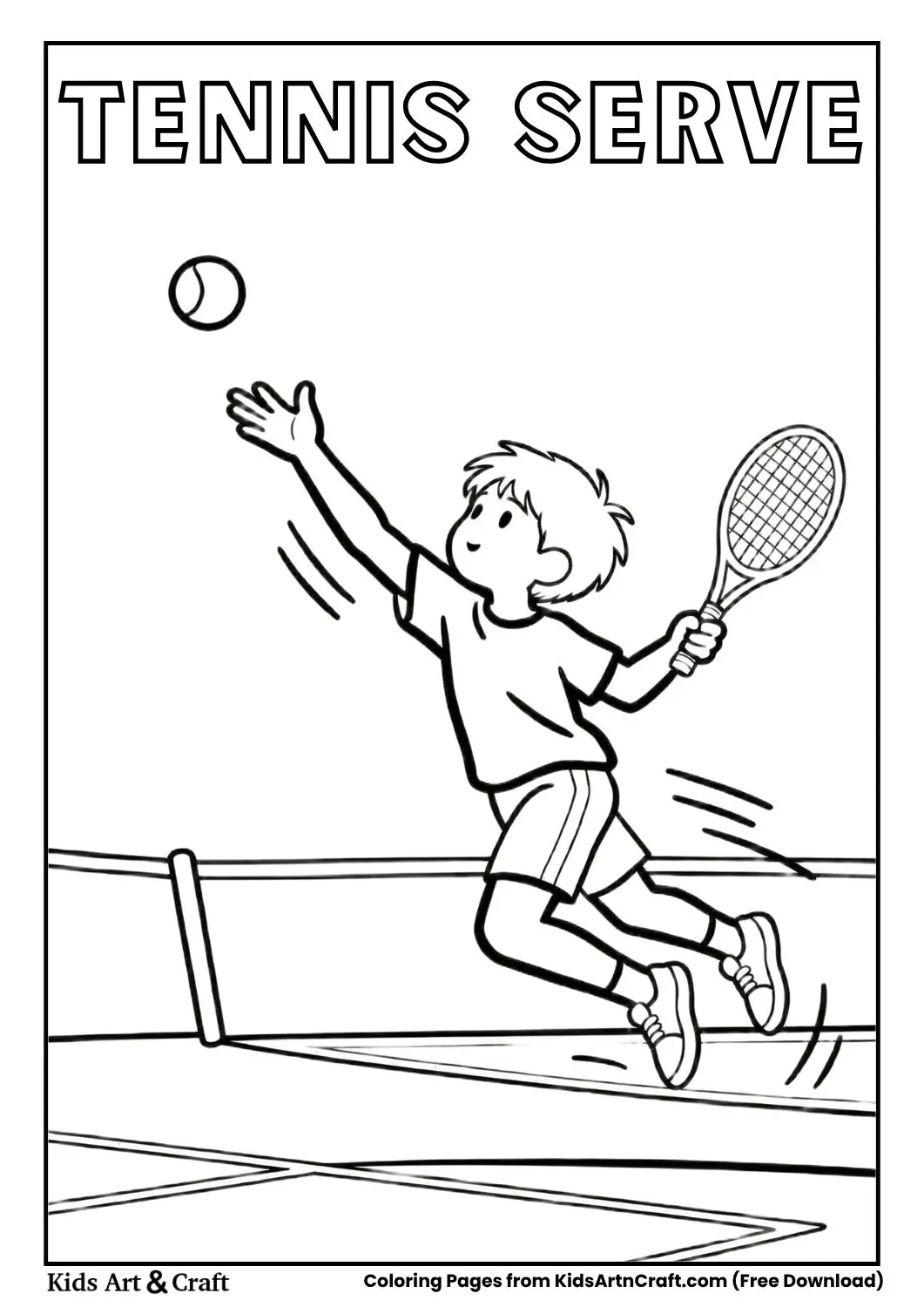 kid jumping to serve tennis ball coloring page