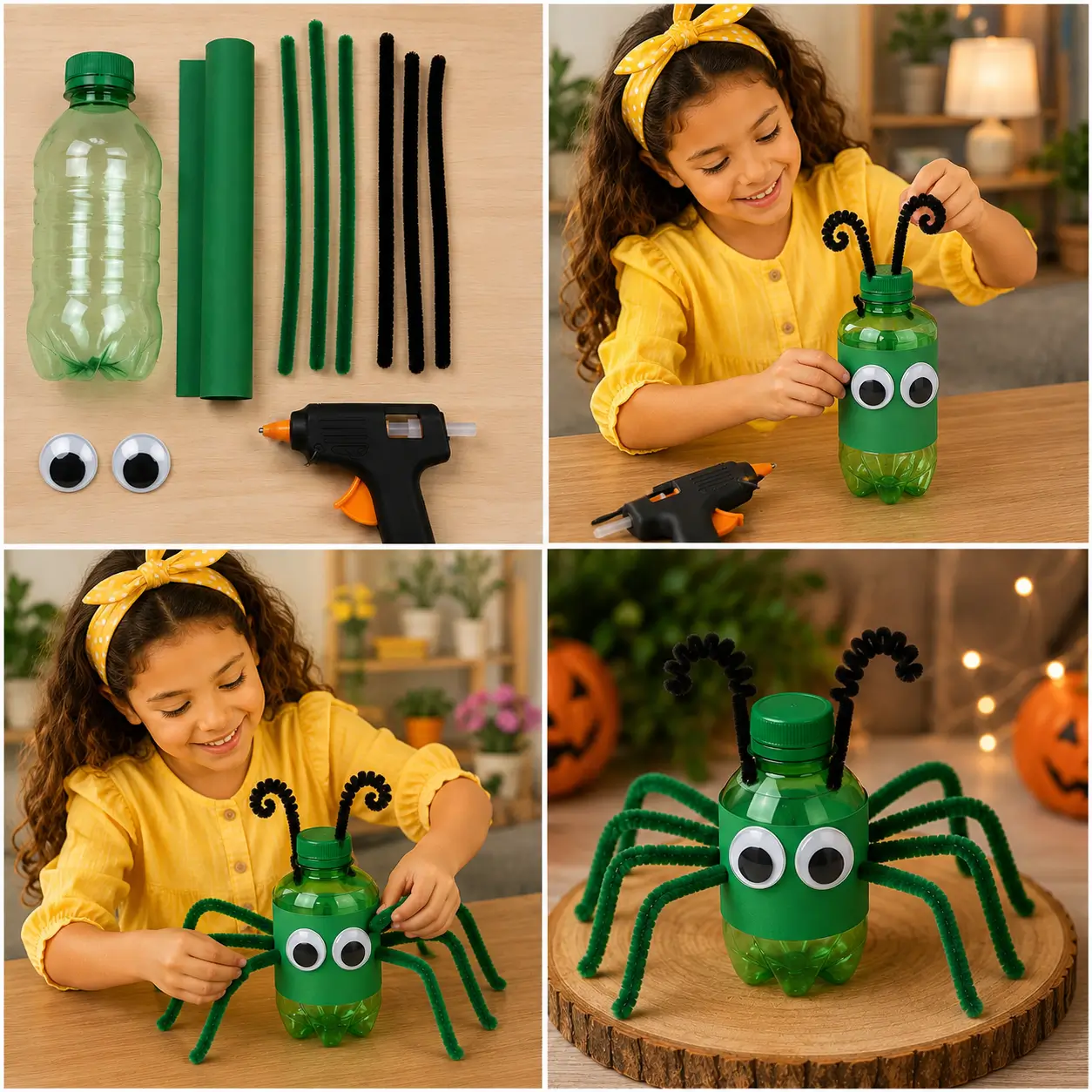 DIY spider craft made from a recycled plastic bottle, pipe cleaners, googly eyes, and green craft paper.