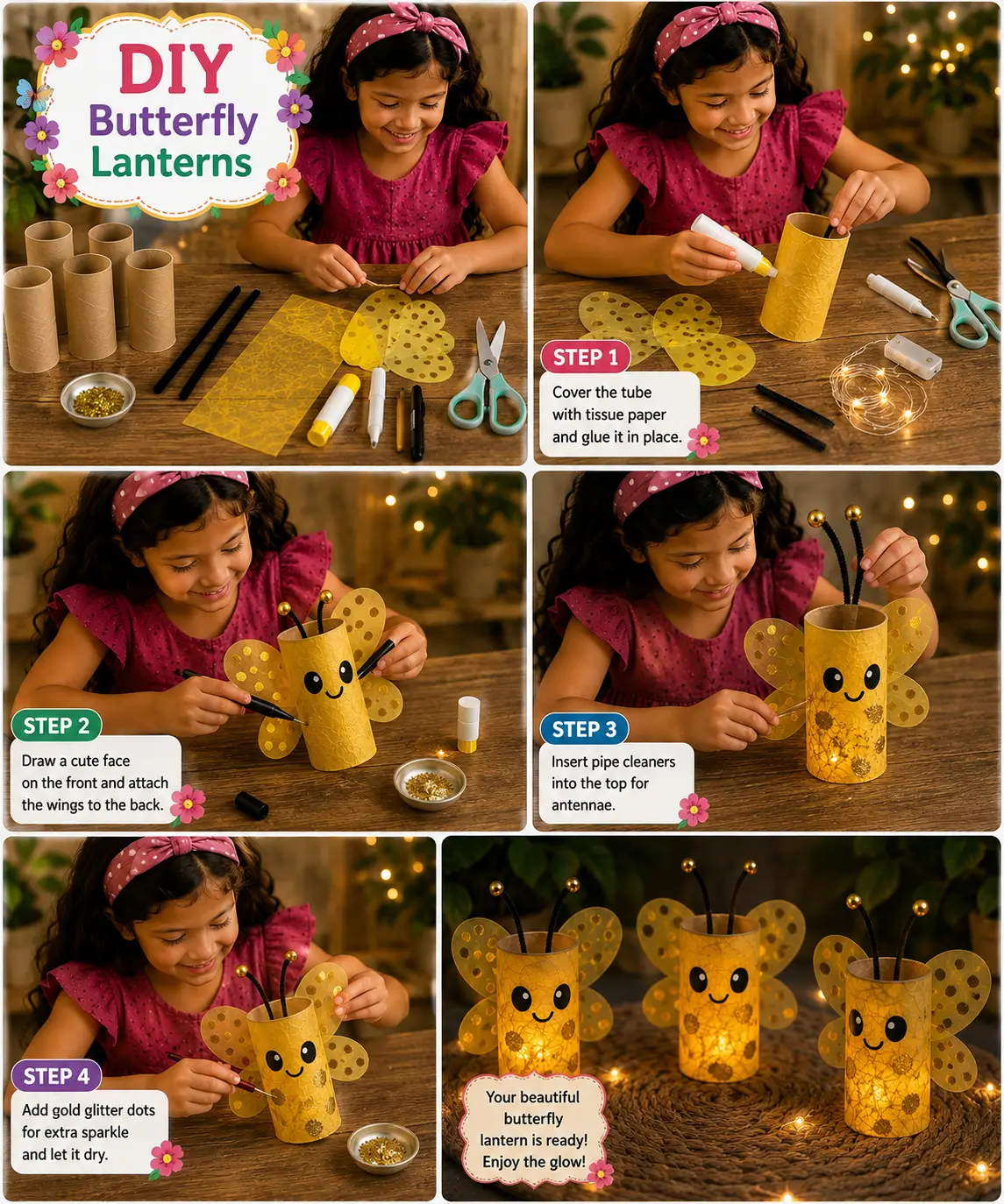 A step-by-step DIY butterfly lantern craft showing a child decorating a cardboard tube lantern with tissue paper, butterfly wings, antennae, and glitter accents.