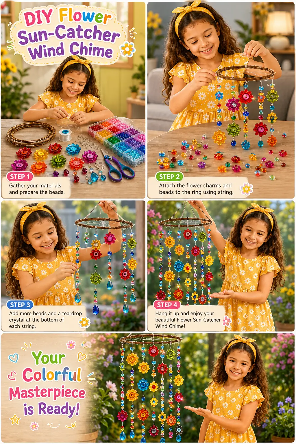 Child making a colorful DIY flower sun-catcher wind chime with beads, flower charms, and crystal drops.