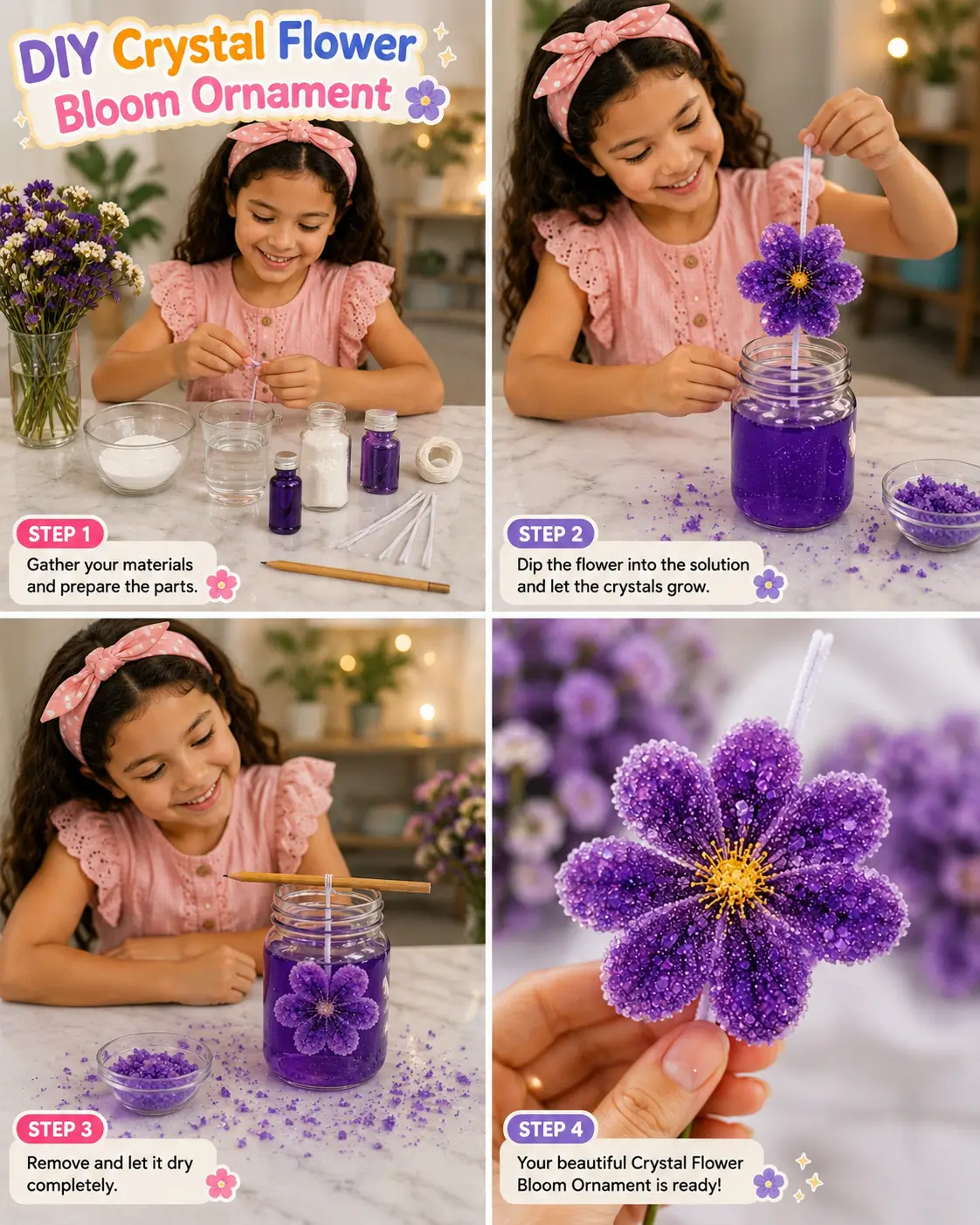 Young girl making a purple crystal flower bloom ornament using pipe cleaners and a crystal-growing solution in a jar.