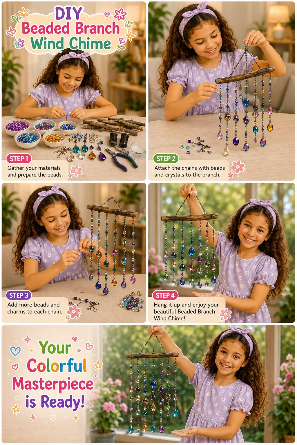 A young girl making a colorful DIY beaded branch wind chime using driftwood, crystal beads, chains, and decorative charms.