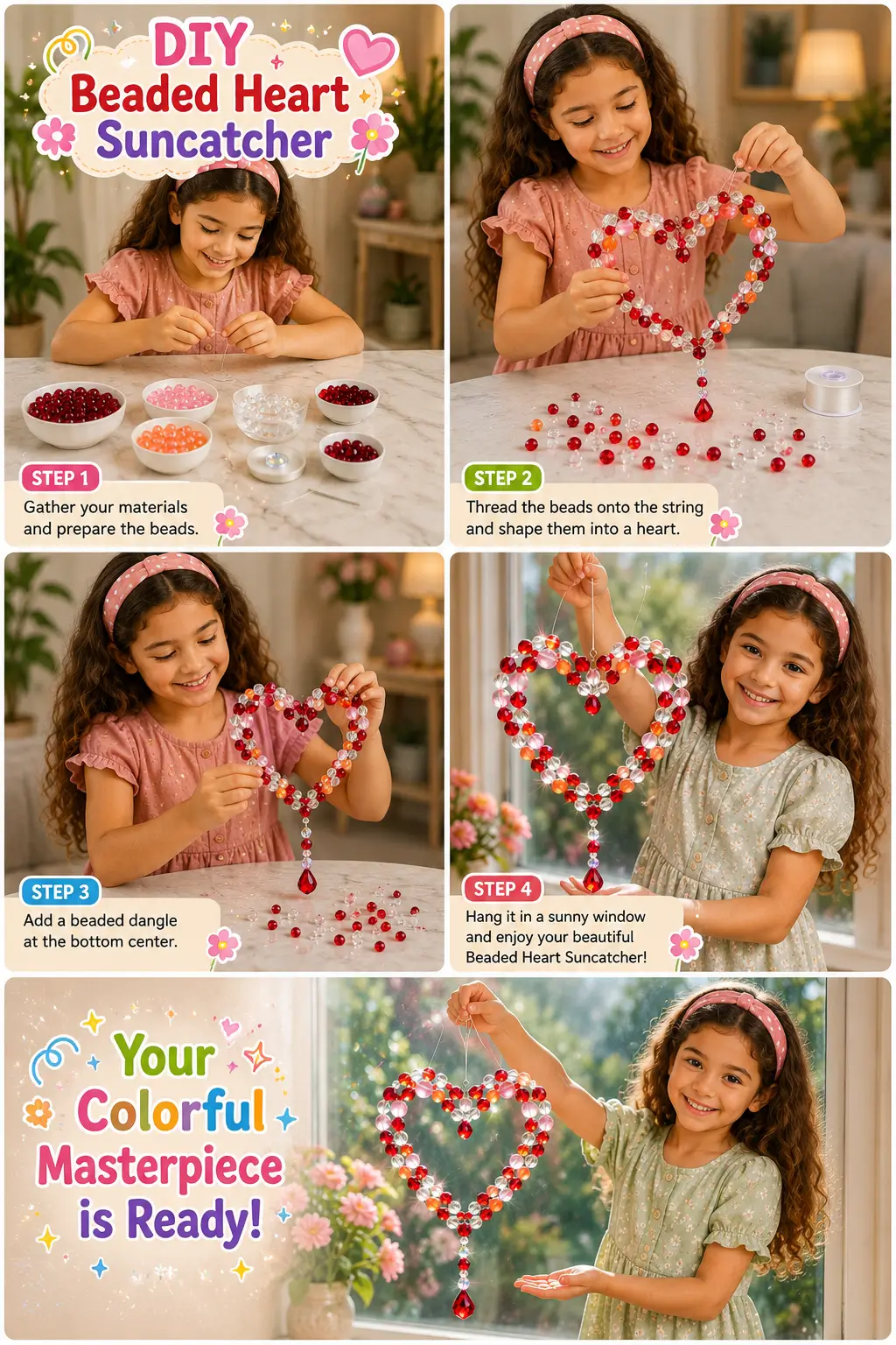 Child creating a DIY beaded heart suncatcher with red and clear beads hanging in a sunny window.