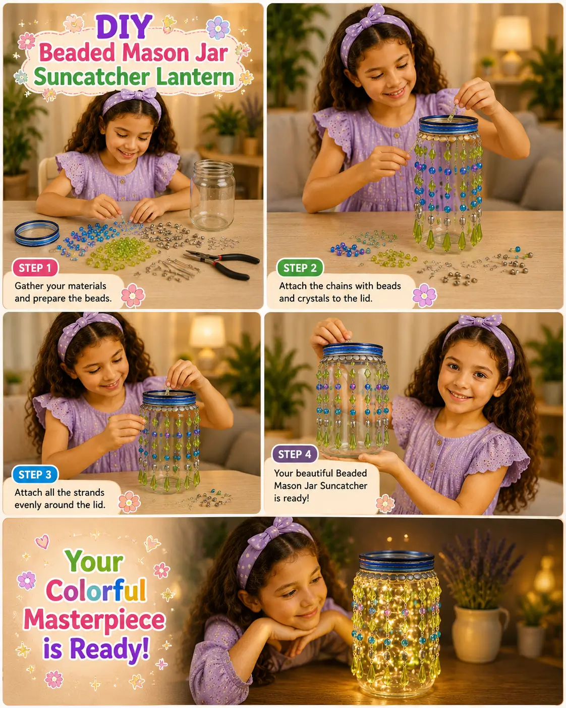 Child making a colorful beaded mason jar suncatcher lantern with crystal bead strands attached to a jar lid.
