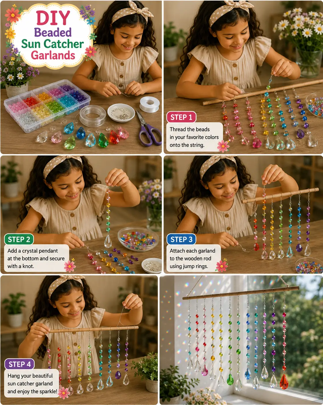 Colorful DIY beaded sun catcher garland craft made by a child using rainbow beads, crystal pendants, and a wooden rod.