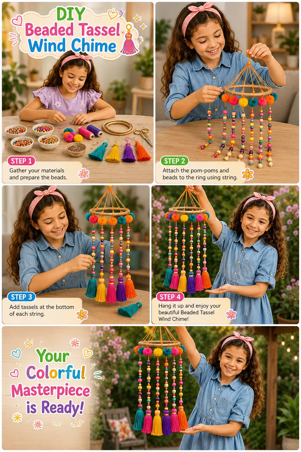 A young girl creating a colorful DIY beaded tassel wind chime using wooden hoops, beads, pom-poms, and tassels in a step-by-step craft activity.