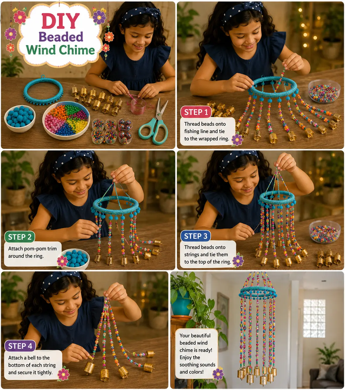 Colorful DIY beaded wind chime craft made with bright beads and strings in a step-by-step activity for kids.