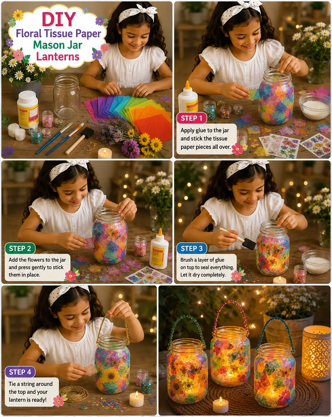 Young girl making colorful butterfly and floral tissue paper mason jar lanterns using glue, tissue paper, flower decorations, and mason jars, with finished glowing lanterns displayed at the end.