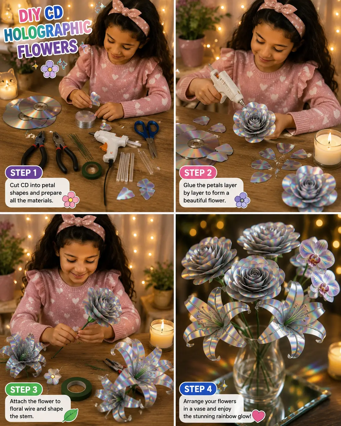Step-by-step DIY holographic flower craft made from recycled CDs, showing cutting petals, assembling flowers, attaching stems, and displaying finished rainbow flowers in a vase.