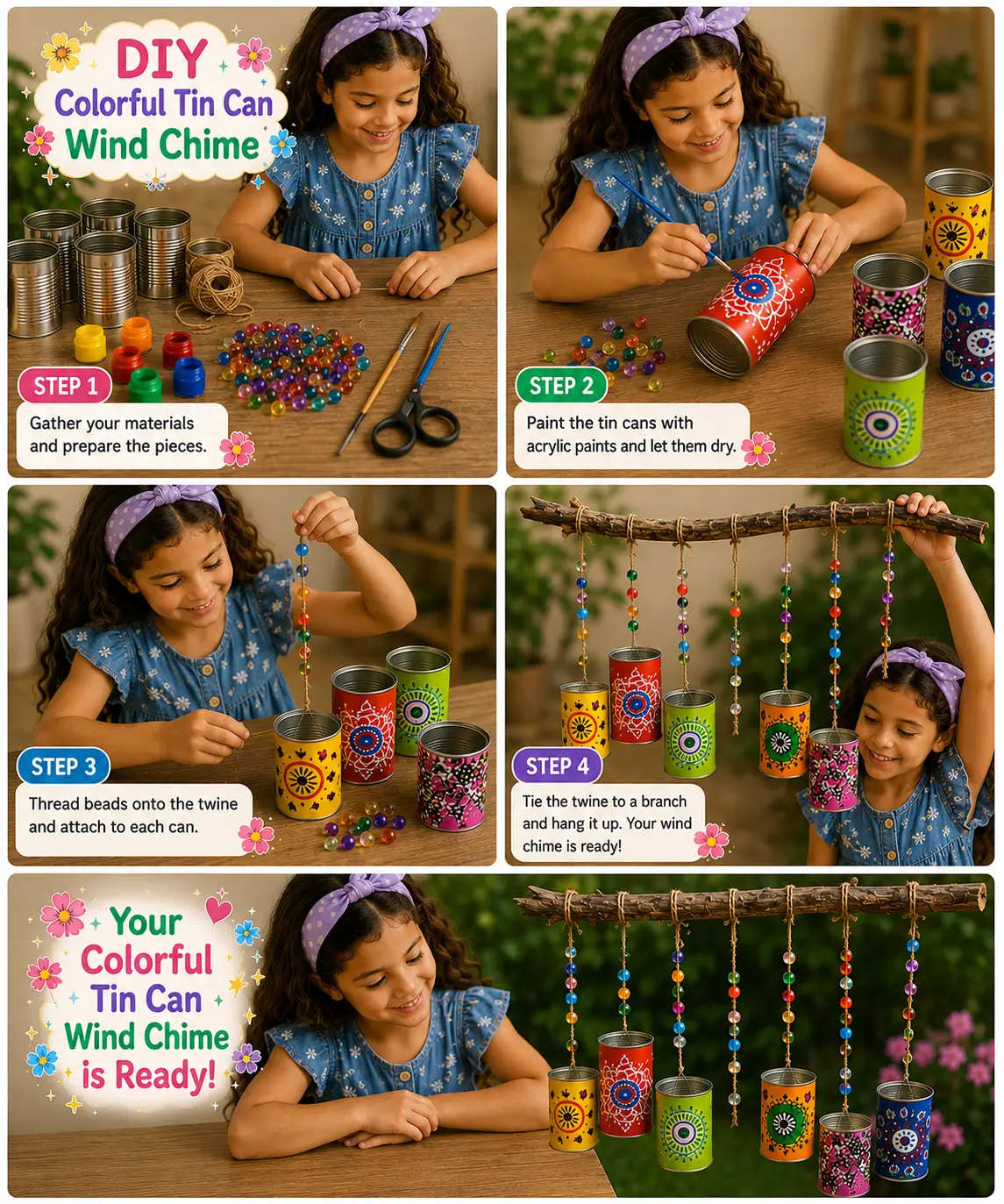 Child creating a colorful tin can wind chime using painted cans, beads, twine, and a wooden branch.