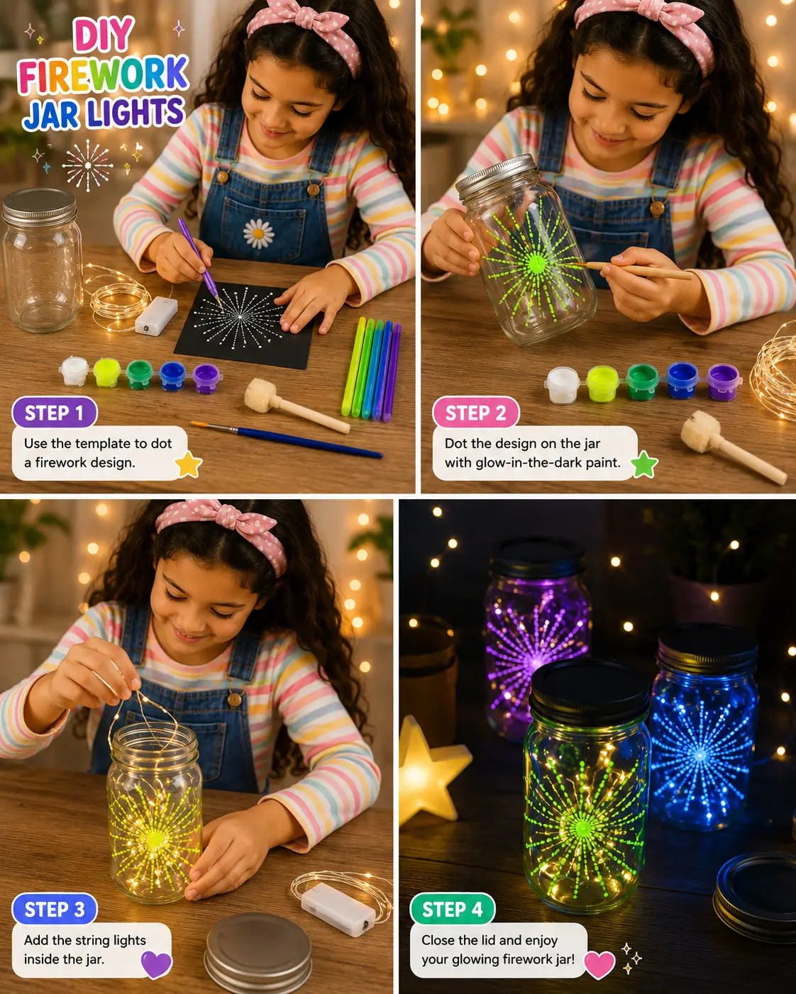 t: Child creating colorful DIY firework jar lights using glow paint, a glass mason jar, and string lights for a glowing decorative lantern.