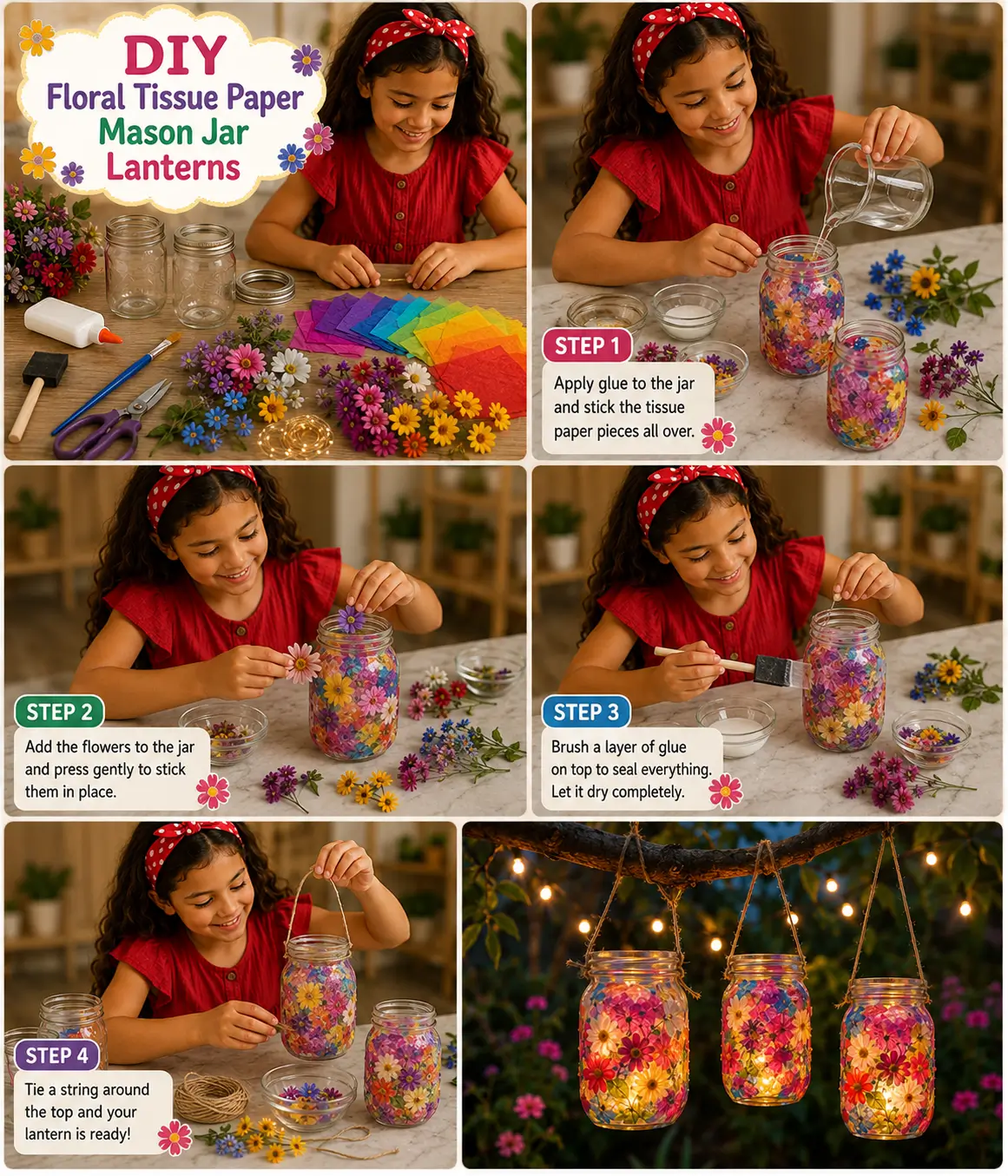 Young girl creating colorful floral tissue paper mason jar lanterns step-by-step using tissue paper, glue, flowers, and mason jars, with finished glowing lanterns displayed at the end.