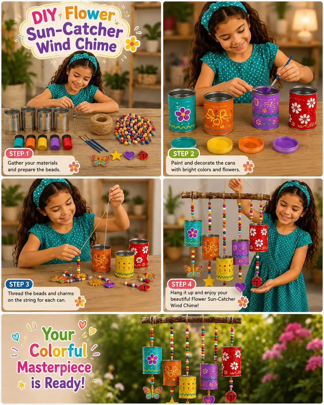 Colorful DIY flower sun catcher wind chime made from painted tin cans, beads, and charms hanging from a wooden branch.