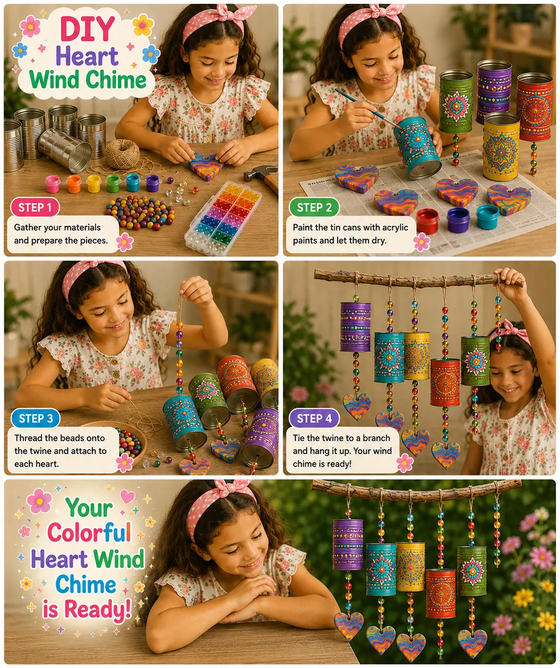 A young girl making a colorful heart wind chime using painted tin cans, beads, twine, and decorative heart ornaments in a step-by-step craft activity.