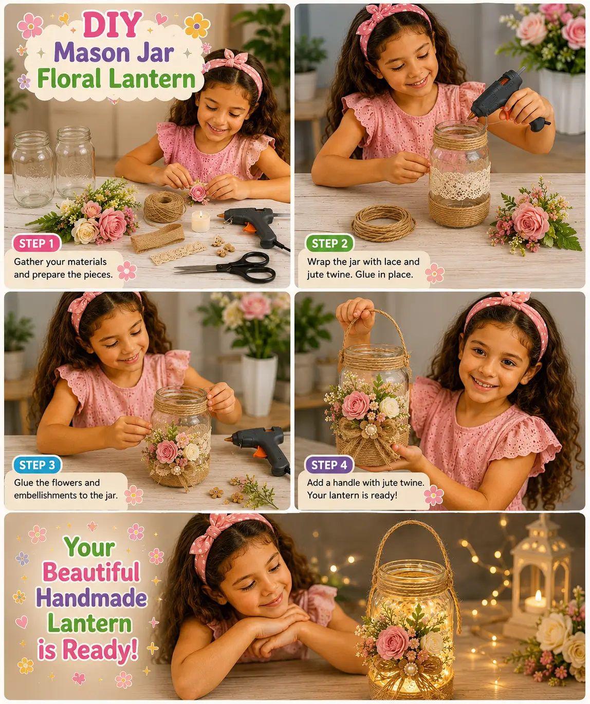 A step-by-step DIY mason jar floral lantern tutorial featuring a child decorating a glass jar with lace, twine, flowers, and embellishments to create a glowing handmade lantern.