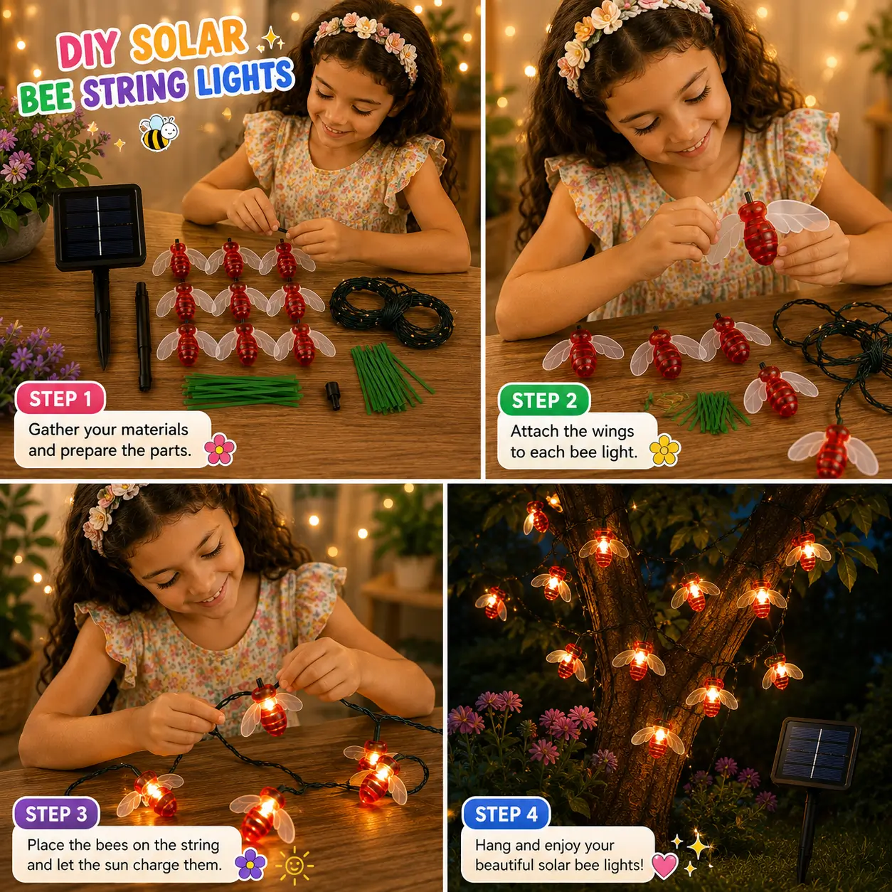 Child making DIY solar bee string lights with bee-shaped decorations and a solar-powered light string for outdoor garden decoration.
