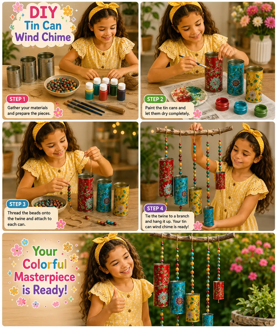 A young girl creating a colorful tin can wind chime by painting recycled cans, threading beads onto twine, and hanging them from a branch.