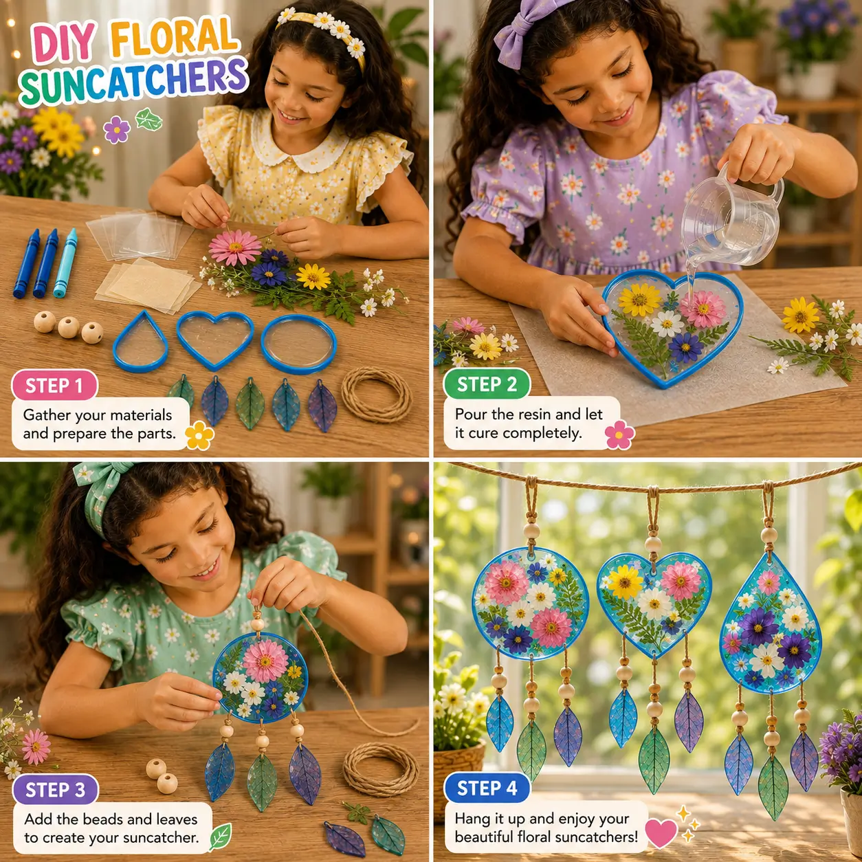 A child creating colorful floral suncatchers using pressed flowers, resin, beads, and leaf charms, shown step-by-step from preparation to the finished hanging decoration.