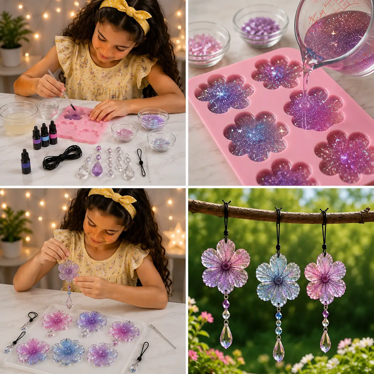 Child making colorful flower-shaped resin suncatchers with glitter and crystal beads for hanging decorations.