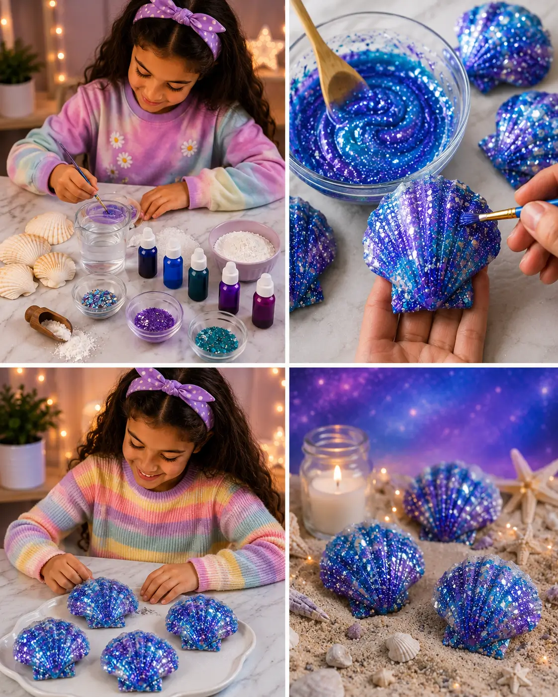 Child creating sparkling galaxy-themed glitter seashell decorations using paint, glitter, and seashells.