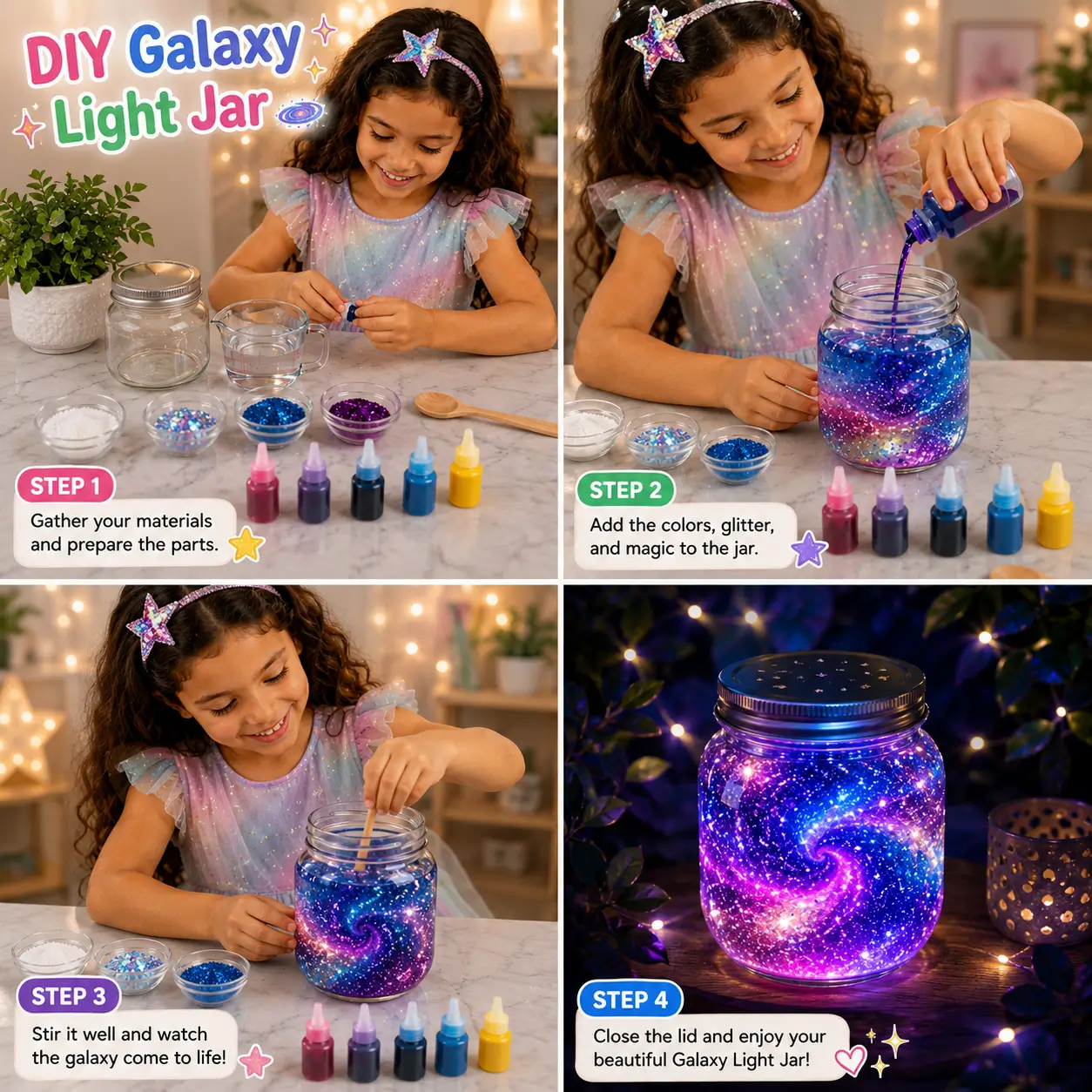 Young girl creating a colorful DIY galaxy light jar using glitter, water, food coloring, and a glass jar.