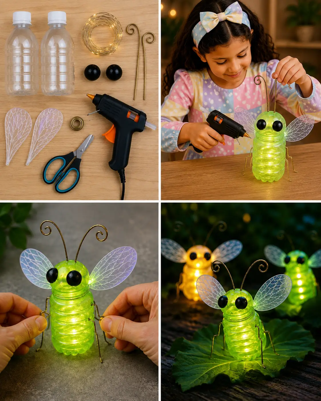DIY glowing bee light craft made from a recycled plastic bottle, fairy lights, wire antennae, and transparent wings.