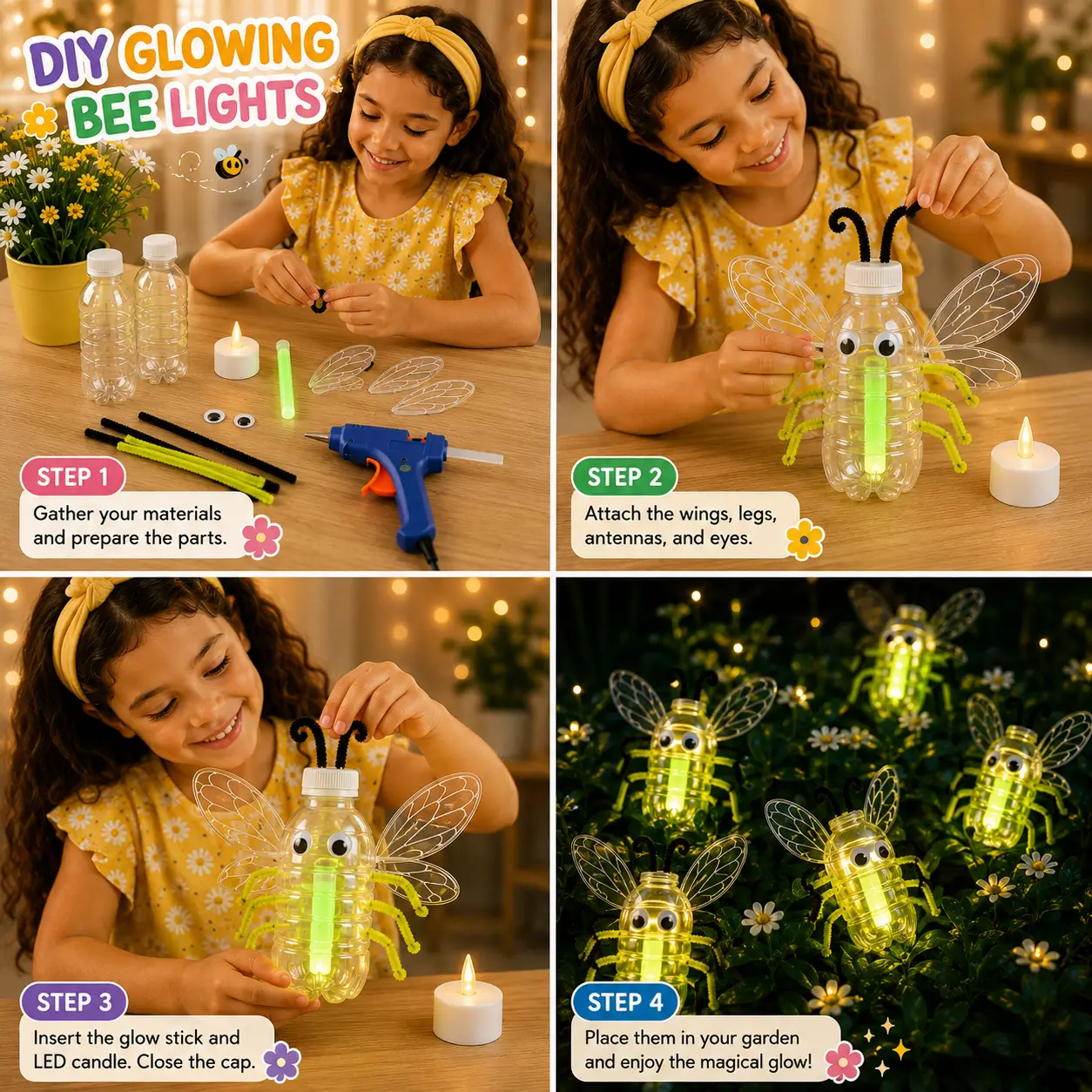 Child creating glowing bee lights from recycled plastic bottles using glow sticks, pipe cleaners, wings, and craft materials.