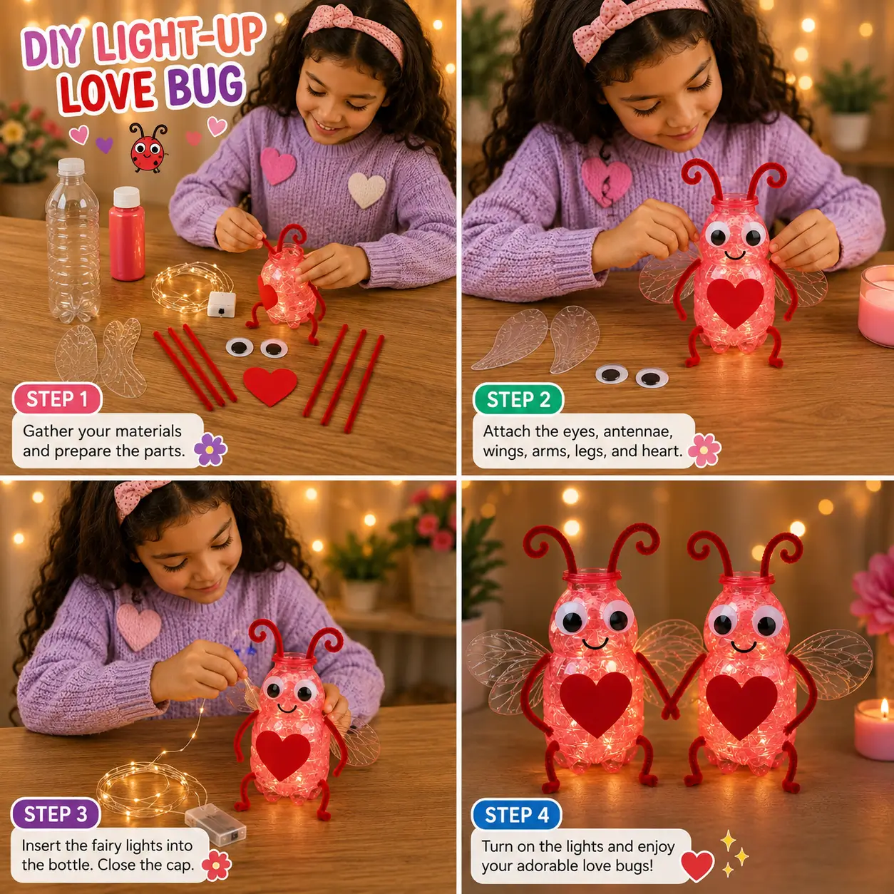 Child making a glowing love bug craft from a recycled plastic bottle, fairy lights, pipe cleaners, wings, and heart decorations.